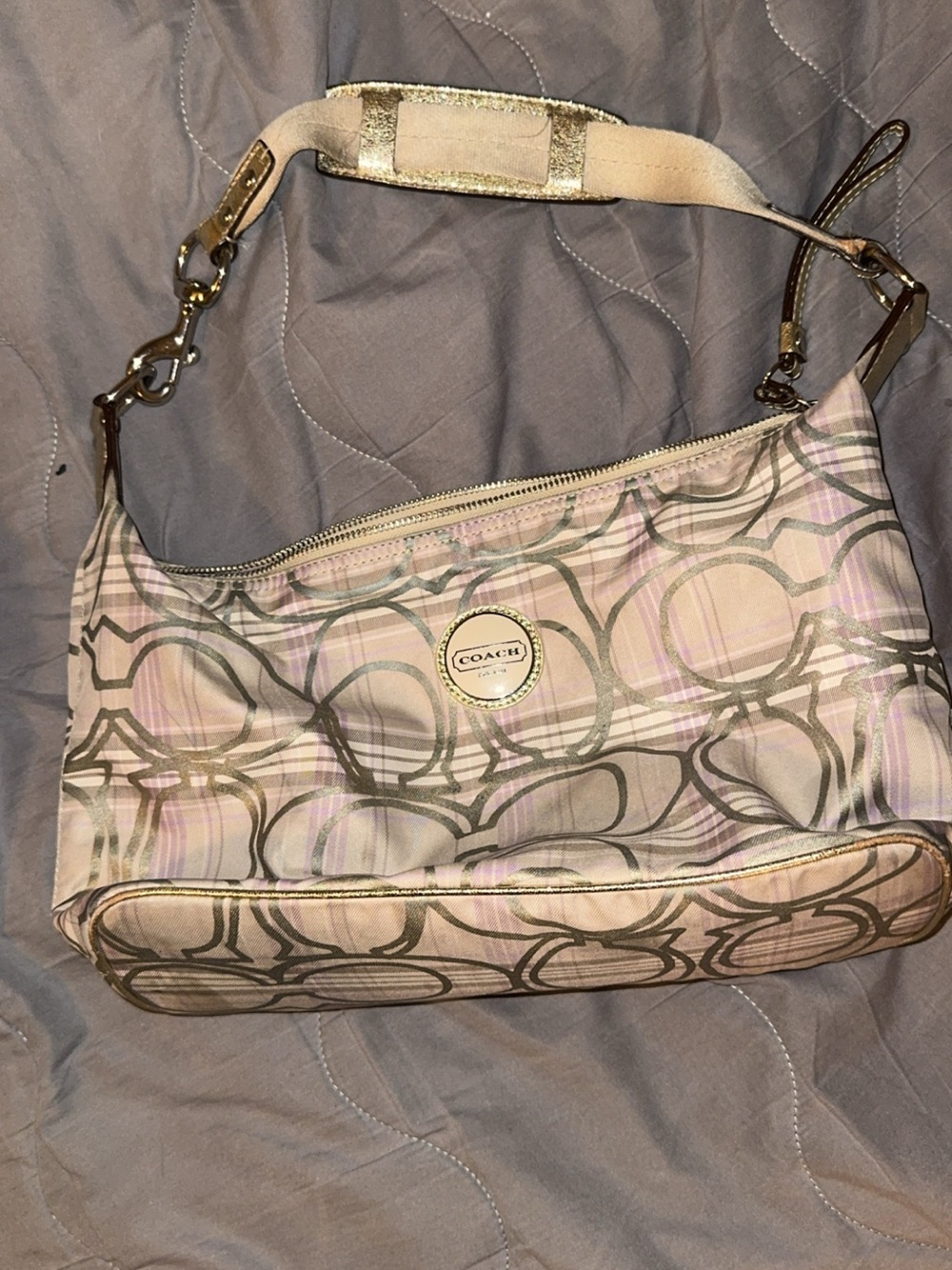 Coach Pink Plaid Signature Shoulder Bag with Metallic Accents